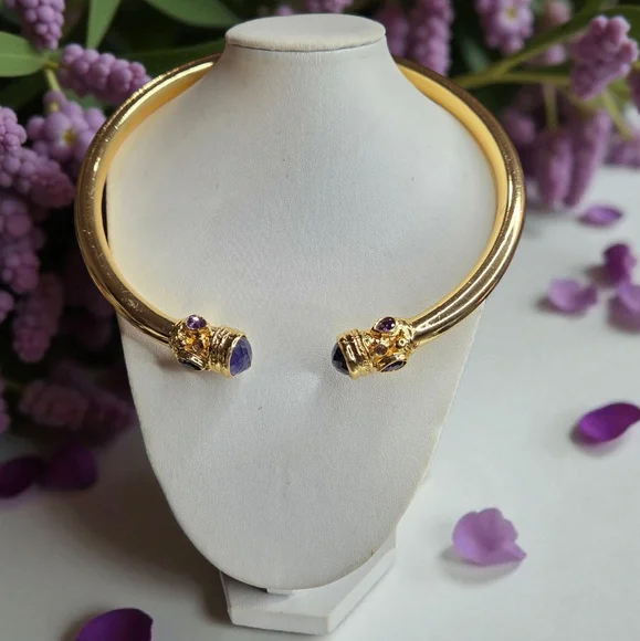 18k Gold Plated Luxury Genuine Amethyst Crystal Torque Statement Necklace - Picture 2 of 5